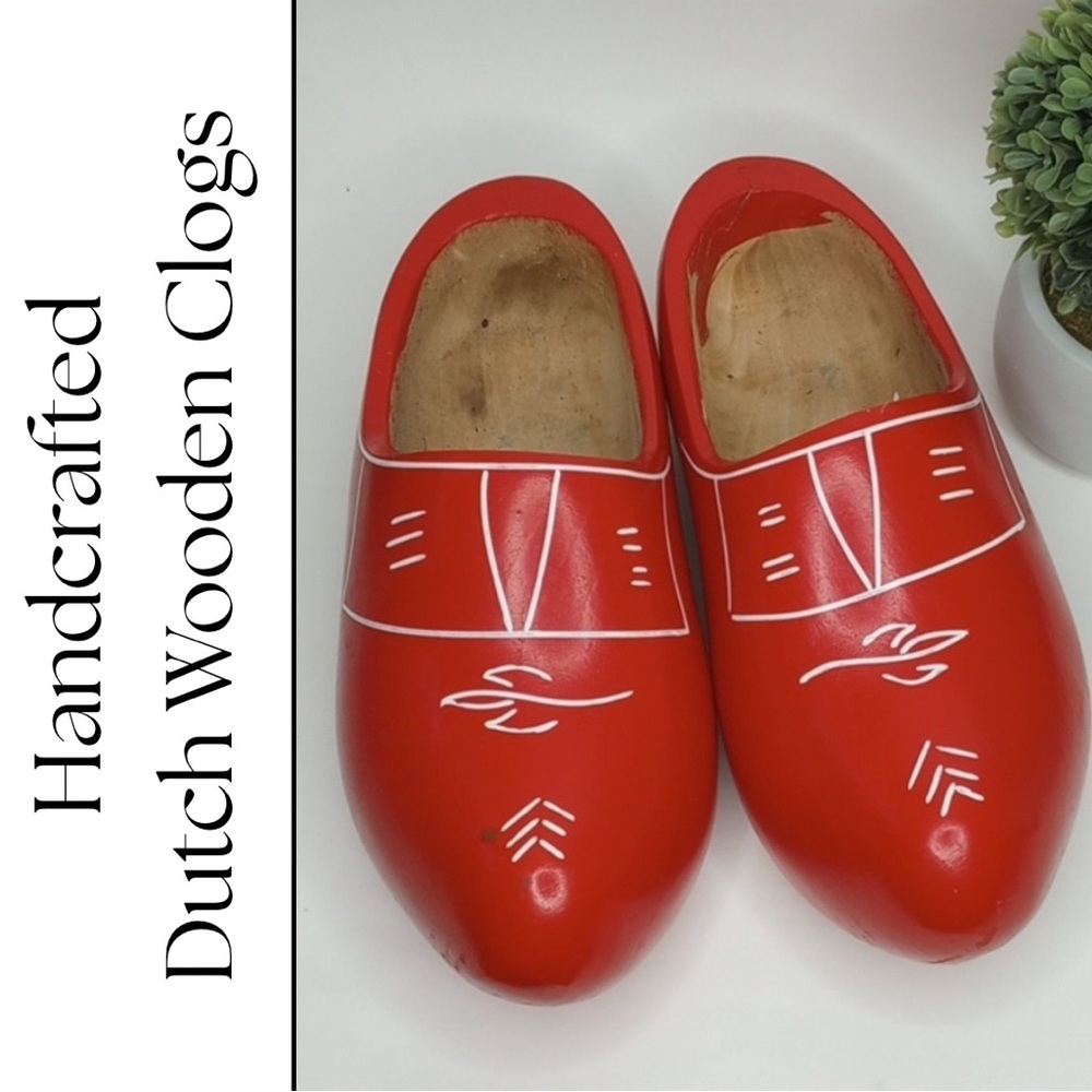 Handcrafted Dutch Wooden Clogs Red Paint – Rustic Vintage Holland Folk Art